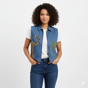 Carolina Colours Womens Elephant Palm Tree Beaded Denim Vest‎ Size Large Safari